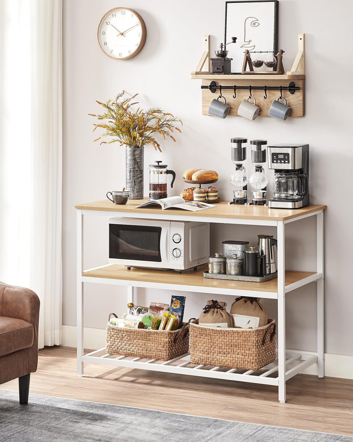 VASAGLE Kitchen Island with 3 Shelves, 47.2 Inches Width Kitchen Shelf with Large Worktop, Stable Steel Structure, Industrial, Easy to Assemble, Oak Color and White UKKI001W09 VASAGLE