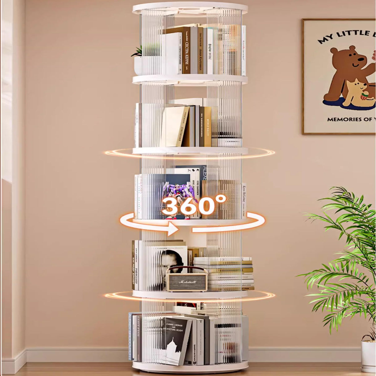 360° Rotating White Bookshelf Tower - 5-Tier Spinning Storage for Small Spaces ZXFWRJDJ