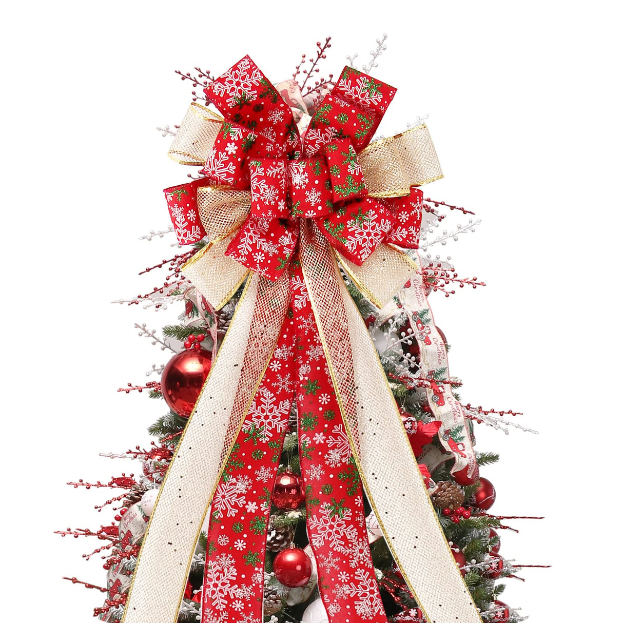 Christmas Tree Topper Bow, 44X12 Inch Artificial Xmas Tree Flower Topper Decor, for Family, Wedding, Birthday Party, Indoor Outdoor Thanksgiving Christmas Decoration - Red/Gold/Snowflake. RoseCraft