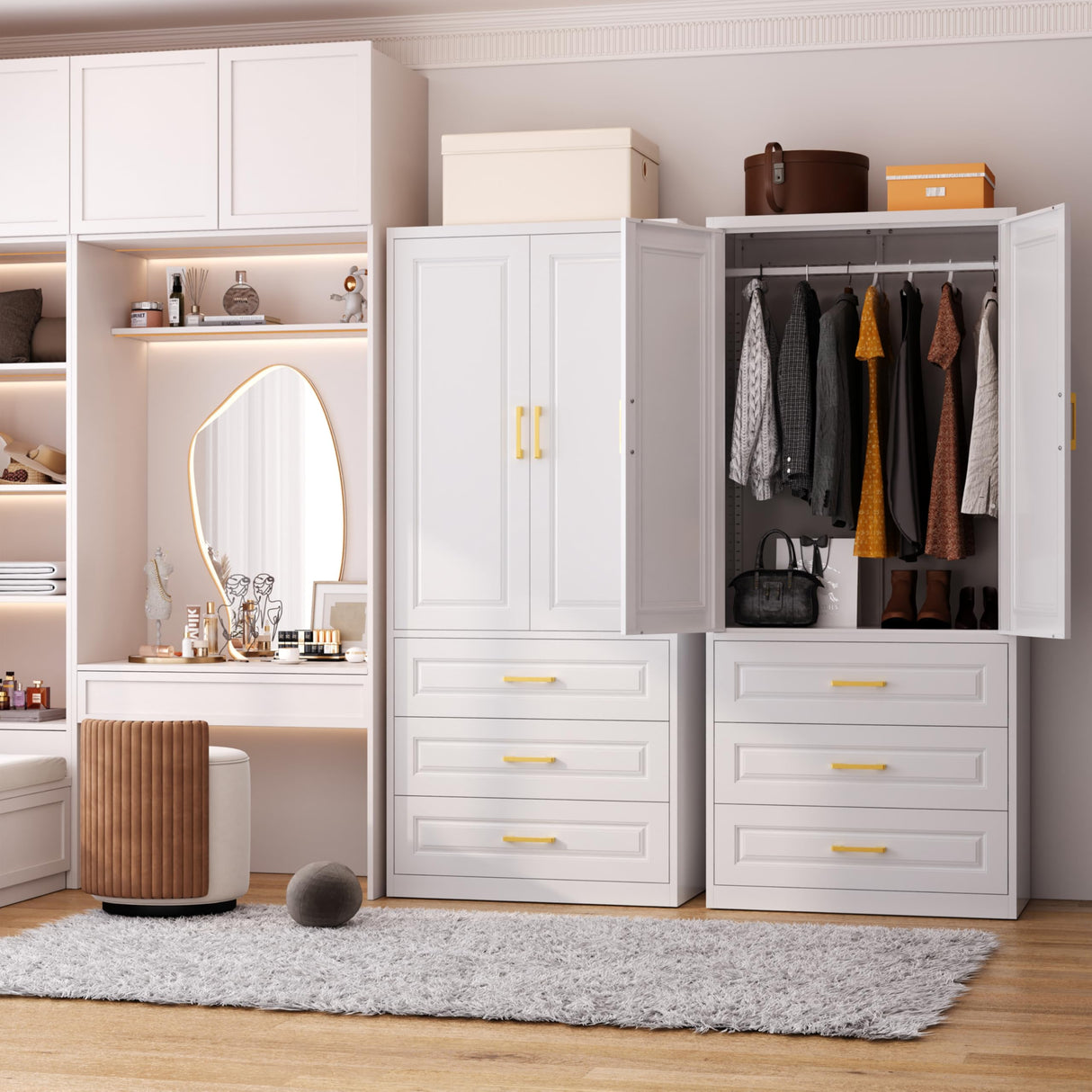 Polup Metal Armoire Wardrobe Closet with Three Drawers, 71“ Tall Large Wardrobe Cabinet with Hanging Rod, Freestanding Wardrobe Cabinet with Doors and Shelves for Bedroom, White, Assemble Required Polup