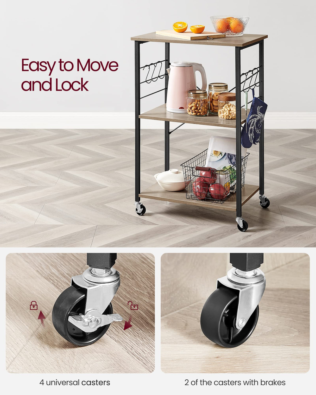 VASAGLE Kitchen Shelf on Wheels, Serving Cart with 3 Shelves, Kitchen Cart, Microwave Shelf, for Mini Oven, Toaster, with 6 Hooks, Industrial Style, Greige and Black UKKS060B02 VASAGLE