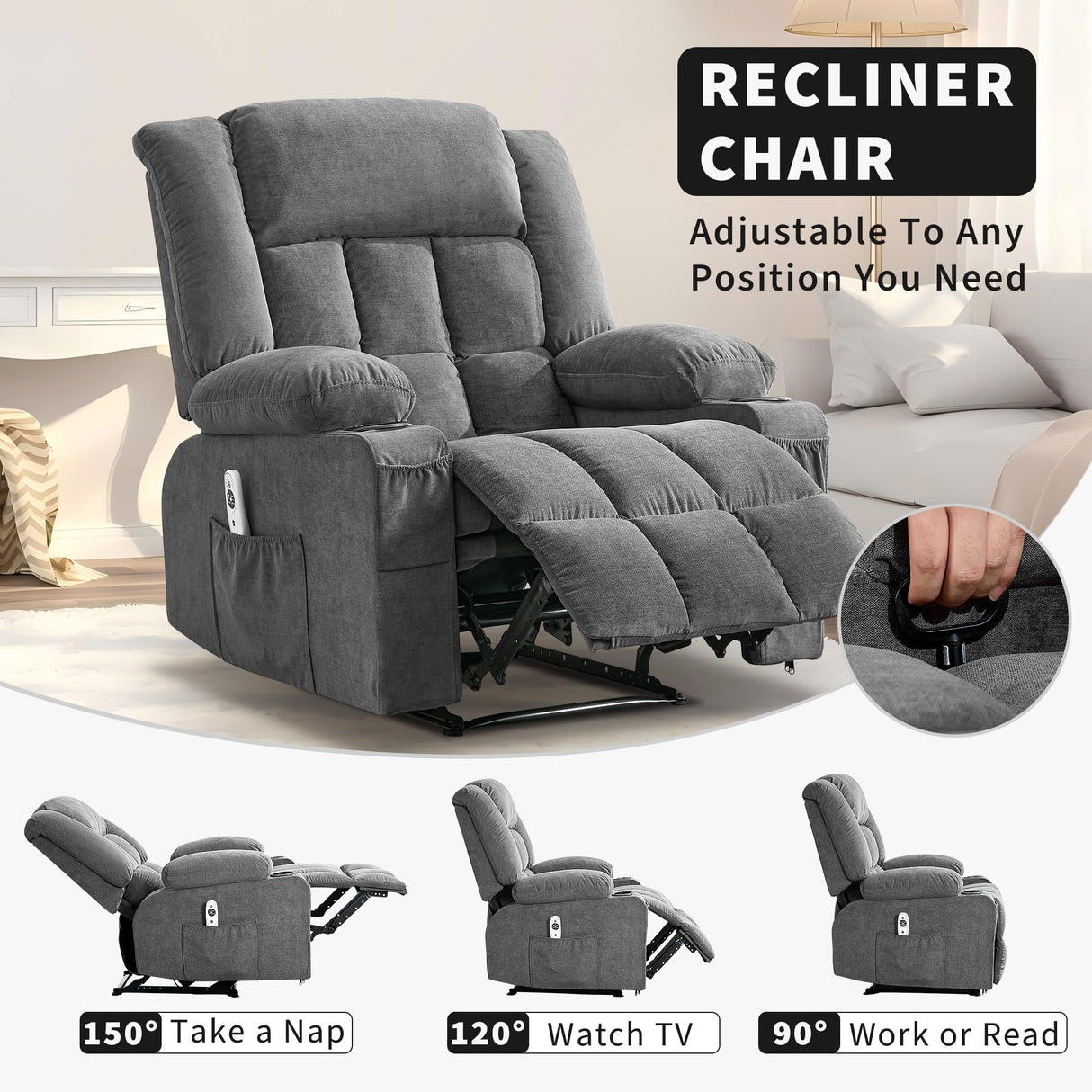 GarveeHome Wide Manual Recliner Chair for Adults – Widen Oversize Overstuffed Breathable Fabric Lounge Chair with 3 Angle Modes 2 Cup Holders Side Pockets GarveeHome