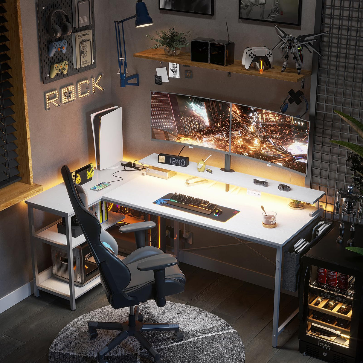 ODK 58 Inch L-Shaped Gaming Desk with LED Lights, USB Charging Ports, and Storage Solutions in Pure White ODK