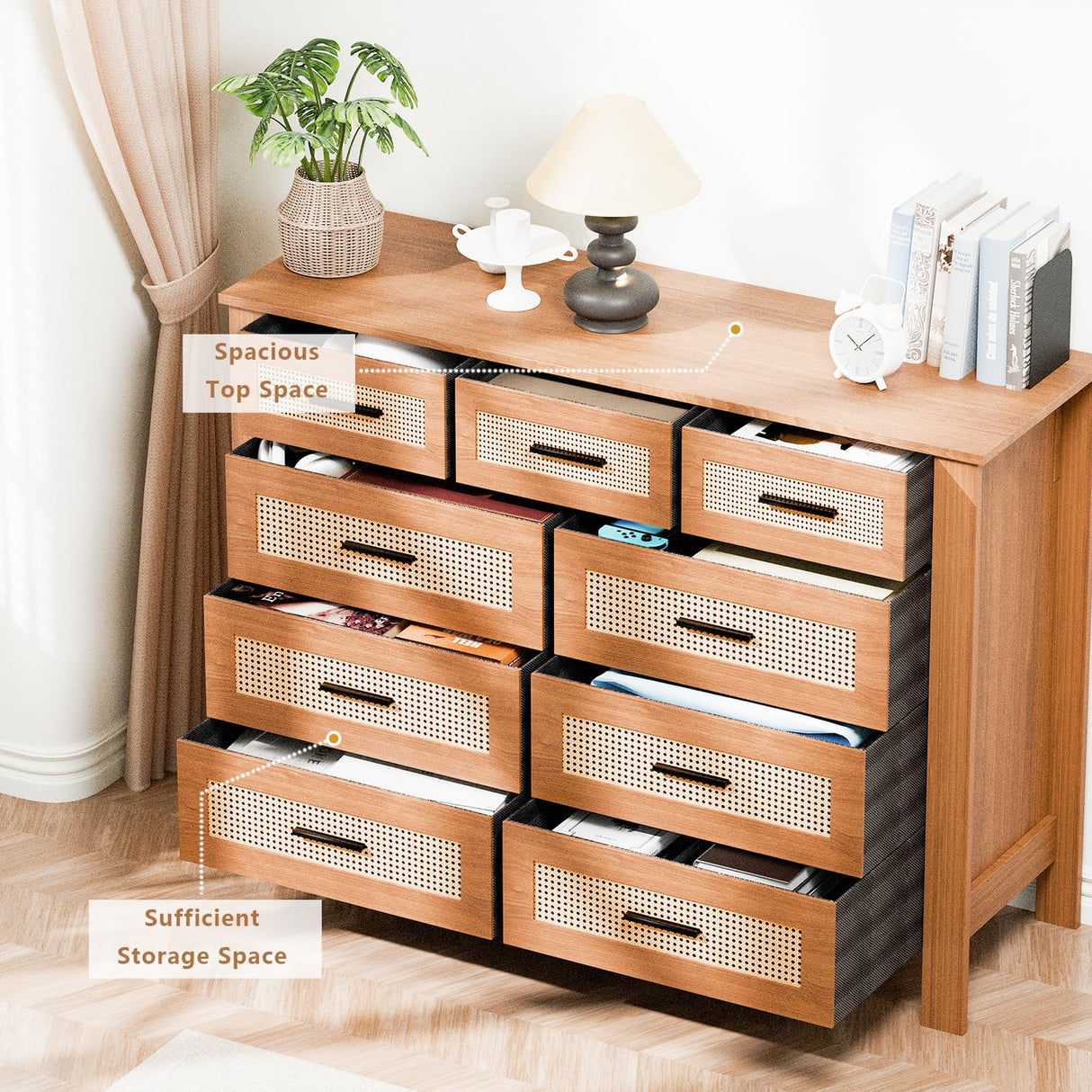 9 Drawer Dresser for Bedroom, Rattan Chest of Dressers, Modern Boho Wooden Dresser Chest with Mental Handles, Living Room and Entryway Loreena