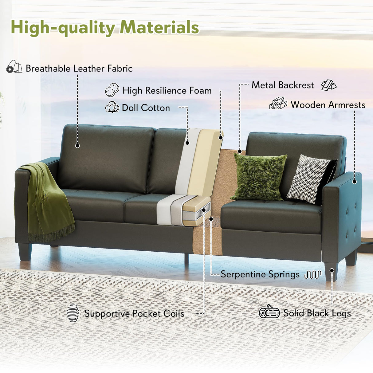 STHOUYN 73” Black Faux Leather Sofa Couch, Modern Comfy Office 3 Seater Couch Loveseat with USB and Tufted Armrest, Small Love Seat Couches for Living Room, Bedroom, Apartment STHOUYN