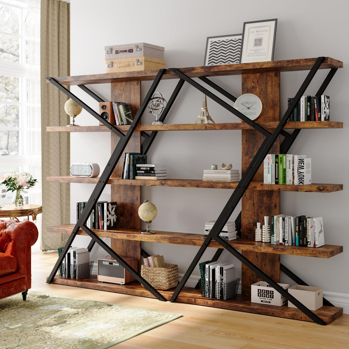 FUSUNBAO 5-Tier Wooden and Metal Frame Bookshelf,Vintage Industrial Modern Style Tall Bookcase,72 "H x 12 "W x 47" L,Rustic Large Wooden Shelf,Display Shelf for Home Office,Retro Brown FUSUNBAO