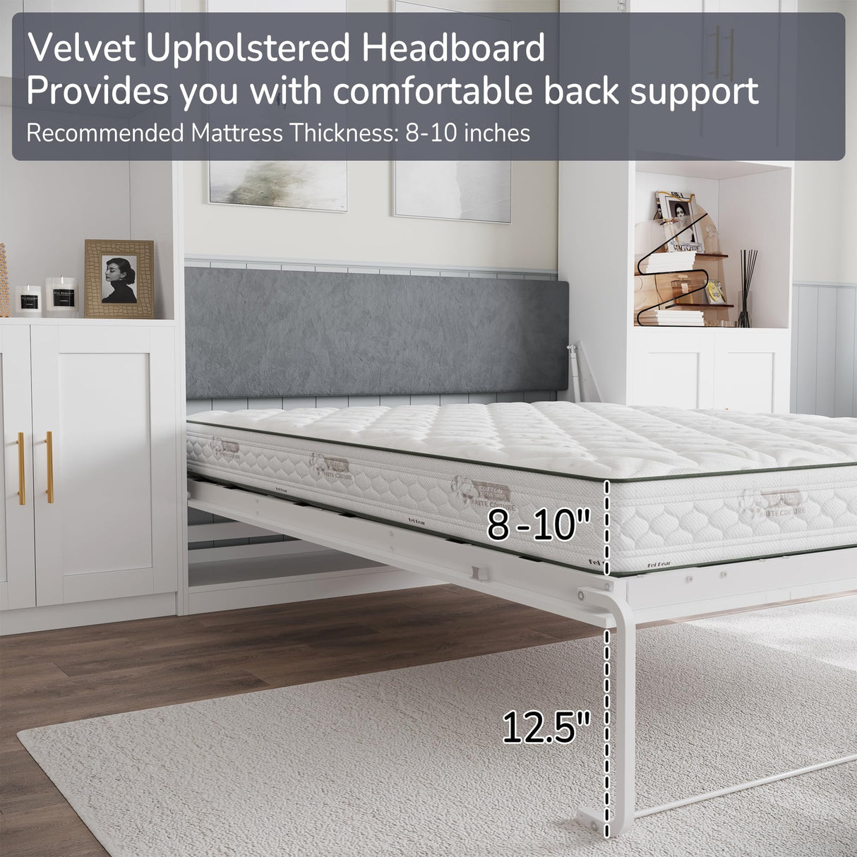 Mekminop Modern Queen Murphy Bed with Storage Cabinet and Open Shelves, Hidden Foldable Wall Cabinet Bed Frame with Wood Slat, Space-Saving, No Spring Box Required, White Mekminop