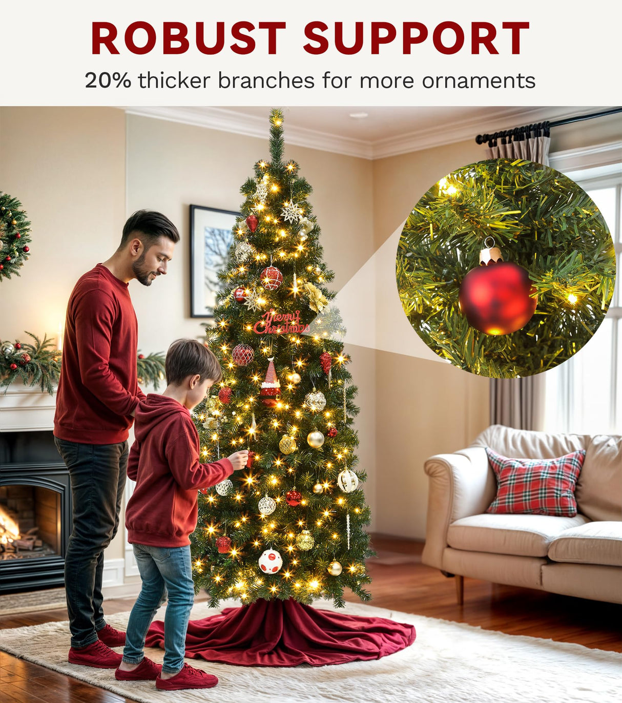 DWVO 7.5 FT Pre-Lit Slim Pencil Fraser Fir Artificial Christmas Tree with 350 Lights and 1000 Branch Tips, Green DWVO