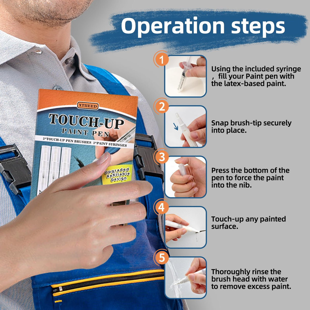 XTIIEED Fillable Touch Up Paint Pen, Refillable Paint Brush Pens, Touch up paint pens for walls - Wood Floors, Windows, Furniture, Kitchen Cabinet, Suitable for Any Repair(3 Pack) XTIIEED