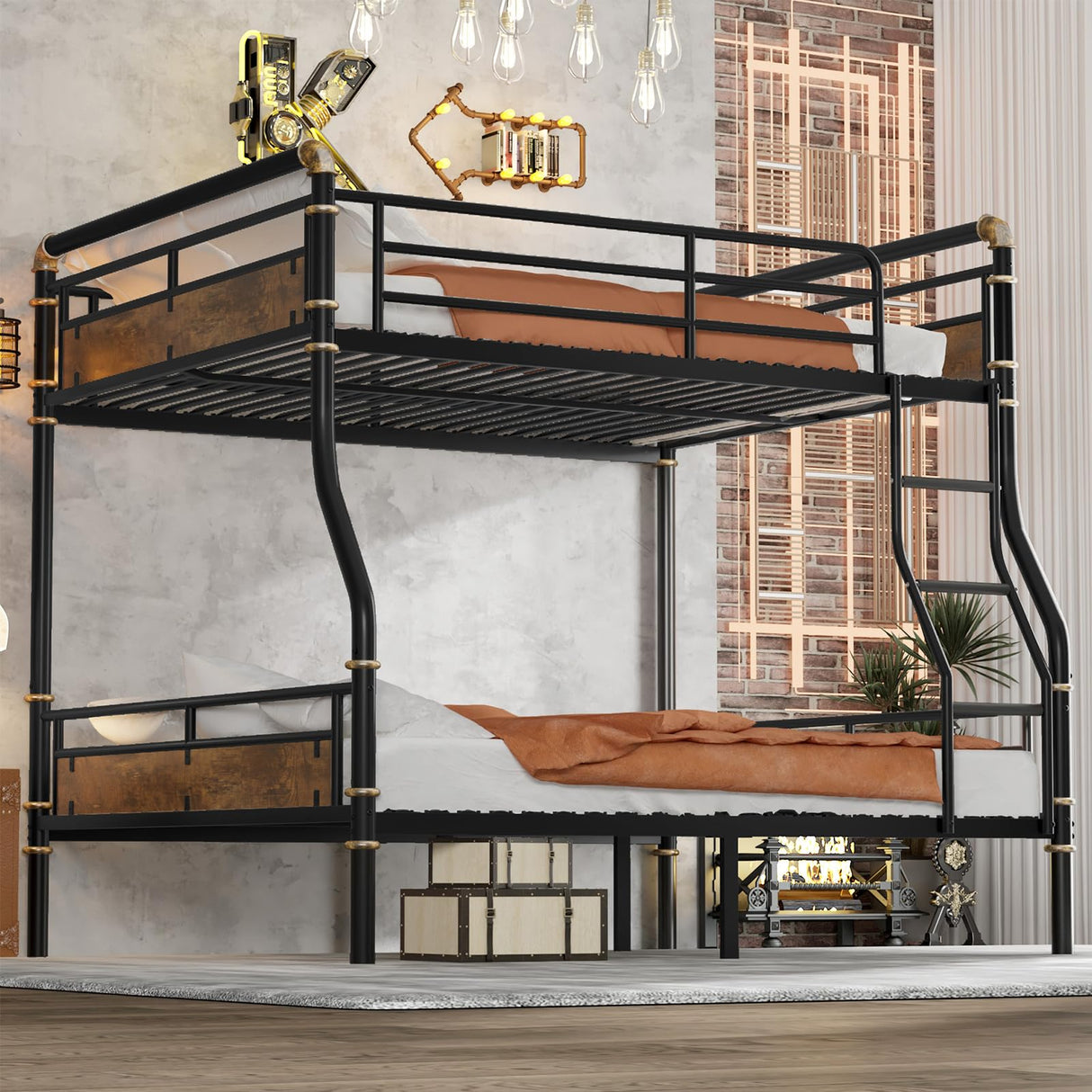 Full XL over Queen Bunk Beds for Teens or Adults ,Industrial Heavy-Duty 2 IN 1 Metal Convertible Bunk Bed with Ladder and Slats Support ,15.9" High Guard Rail,Space-Saving ,Noise Reduced,Black Mirightone