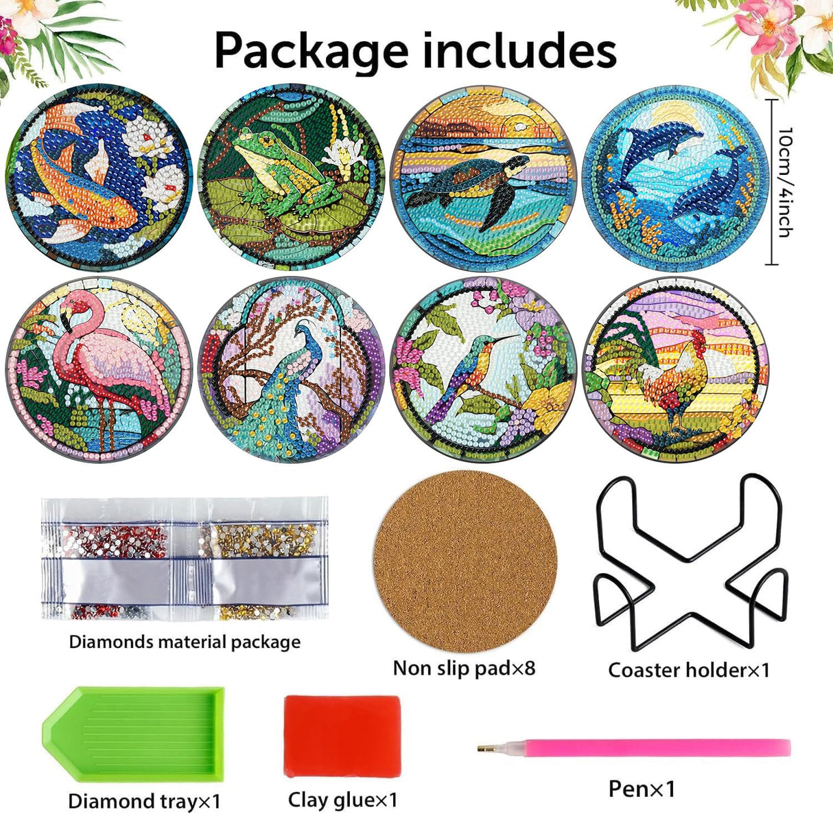 Meothan 8 Pcs Diamond Art Coasters Kits for Adults with Holder Cork Pads, Diamond Dots Art Painting Coasters Crafts Kit for Home Office Decor (Different Animals) Meothan