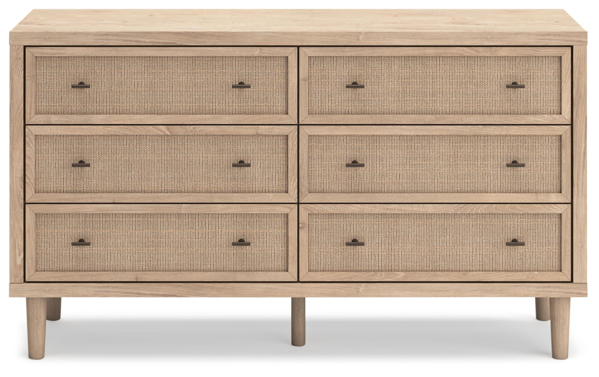 Signature Design by Ashley Cielden Coastal 6-Drawer Dresser, Bronze-Tone Knobs, Safety Stop, Textured Cane Details, 62.01" W x 19.65" D x 35.67" H, Light Brown Signature Design by Ashley