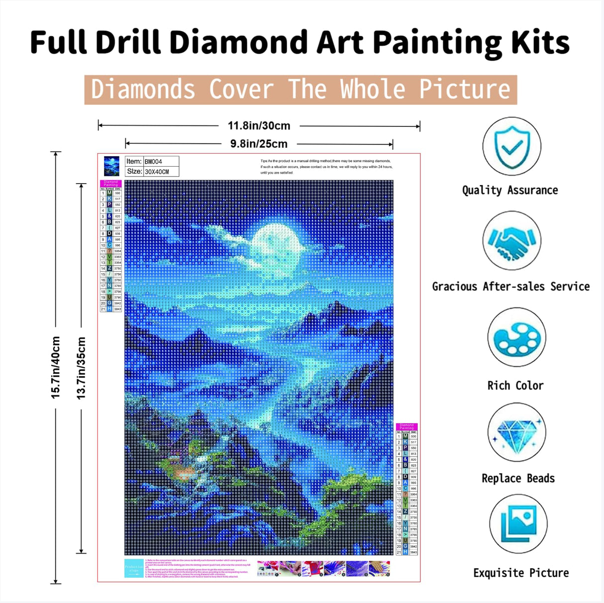 PINFFSHU 5D Diamond Painting Kit for Adults & Beginners, Full Drill Moonlit Mountain Blue Landscape DIY Craft Diamond Art Kits, Home Wall Decor Diamond Dots Picture 12x16 Inches PINFFSHU