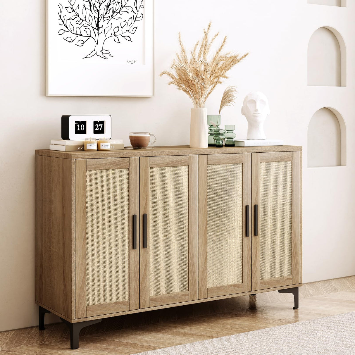 Sideboard Buffet Cabinet with Storage, Rattan Kitchen Storage Cabinet with Doors and Adjustable Shelves, Coffee Bar Cabinet, Entryway Cabinet, Rattan Sideboard Console Table for Dining Room, Natural Jheumaj