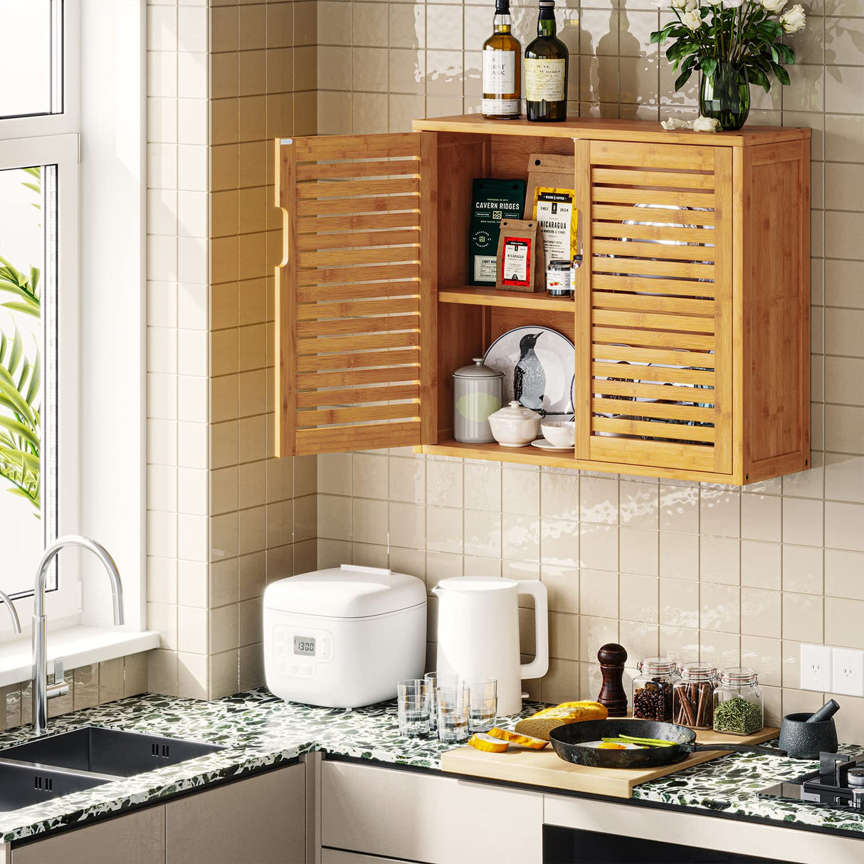 VIAGDO Wall Cabinet Bathroom Storage Cabinet Wall Mounted with Adjustable Shelves Inside, Double Door Medicine Cabinet, Utility Cabinet Organizer Over Toilet, Bamboo, 23.2''Lx8.3''Wx20.1''H VIAGDO