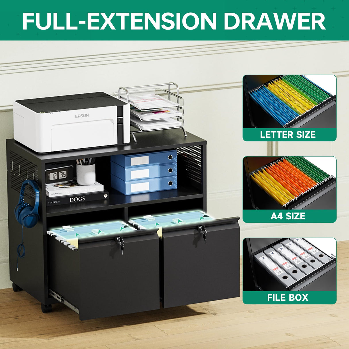 Letaya Mobile 2 Drawer File Cabinet with Lock, Metal Lateral Printer Stand Filing Storage Cabinets with Shelves for Home Office-A4/F4/Letter (Black) Letaya