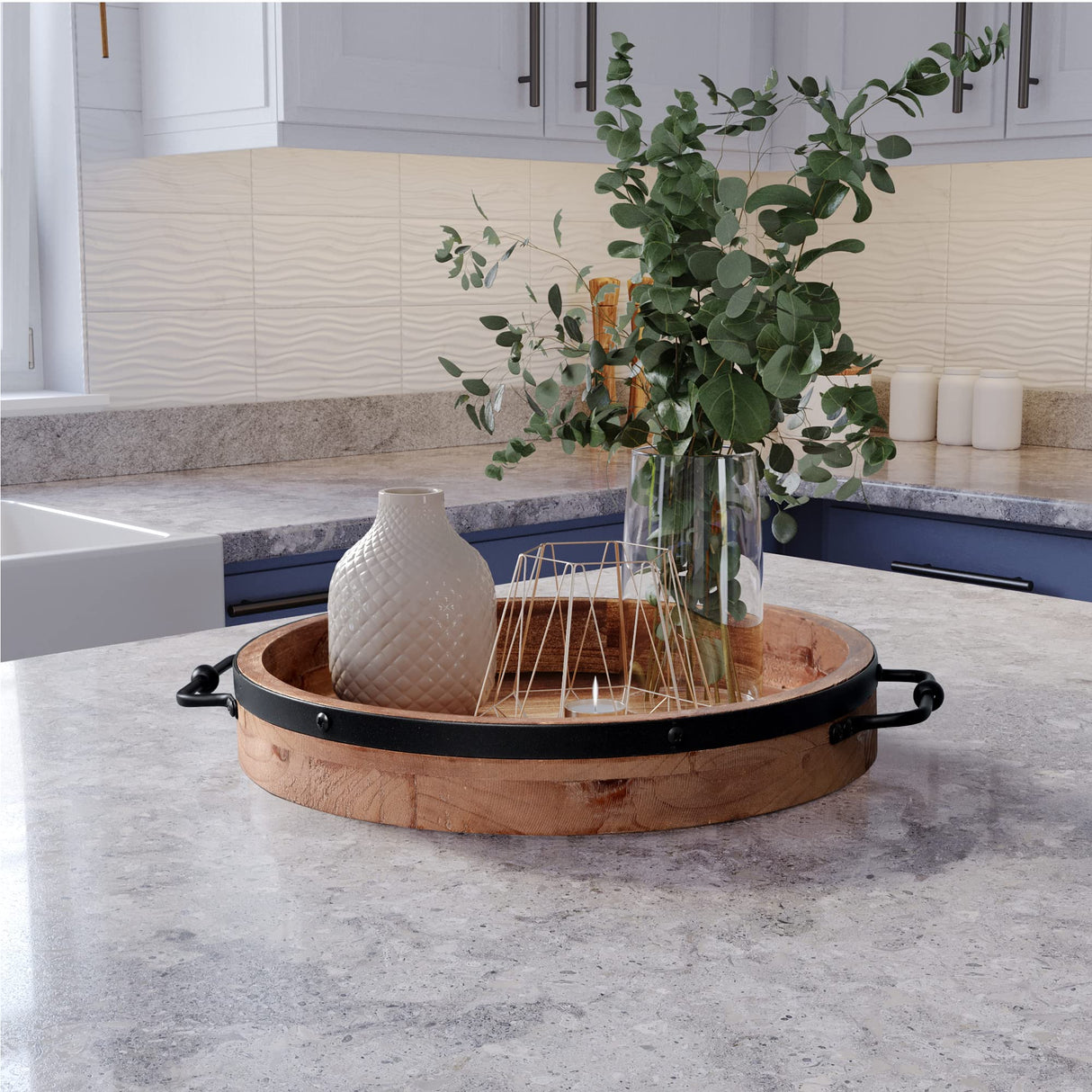 Round Coffee Table Tray - 13'' Farmhouse Wood Serving Tray with Metal Handles - Round Decorative Tray for Coffee Table - Round Ottoman Tray Decor - Wooden Circle Tray for Kitchen Counter LILO DESIGN CO.