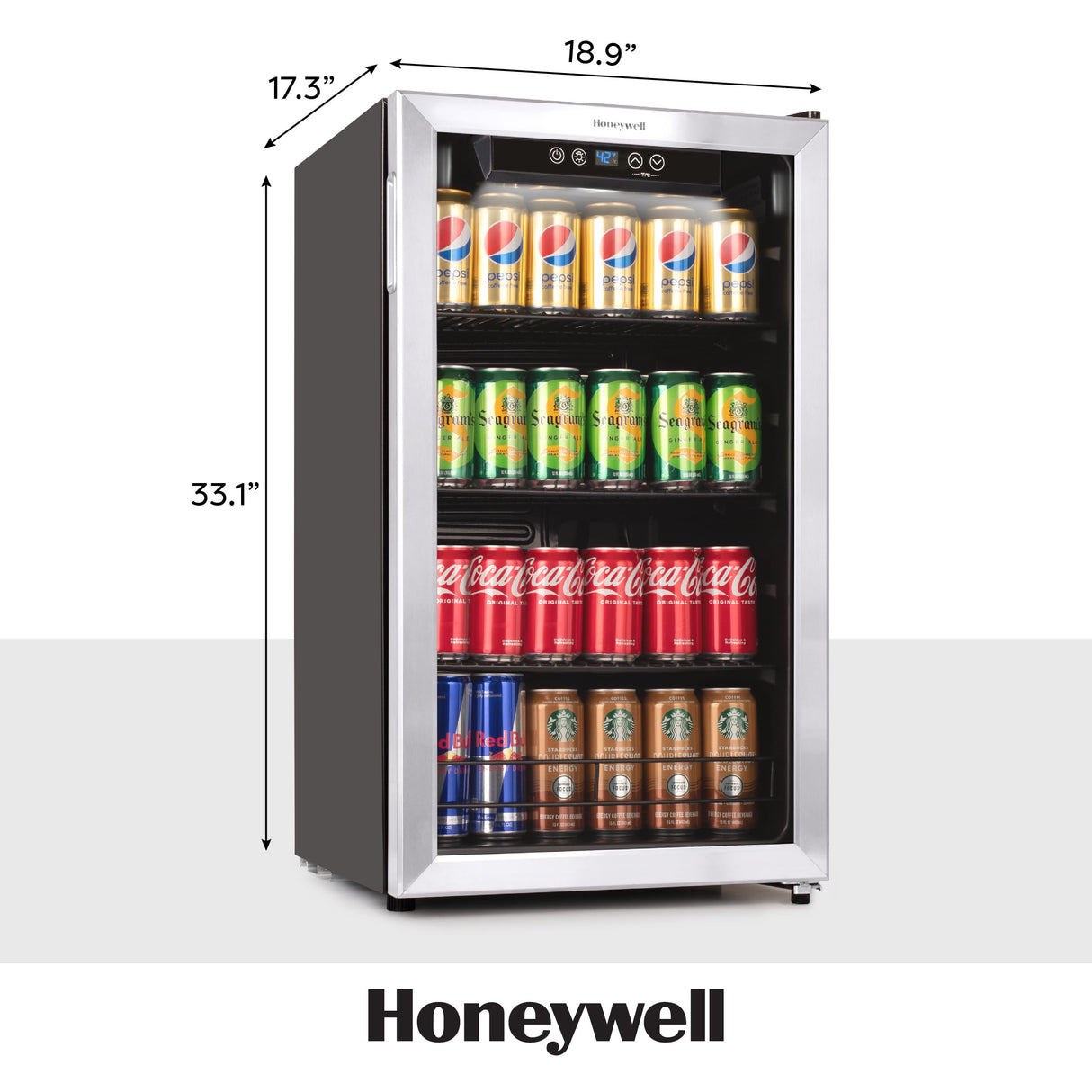 Honeywell Beverage Refrigerator and Cooler, 115 Can Mini Fridge with Glass Door for Soda Beer or Wine for Office or Bar with Adjustable Removable Shelving Honeywell