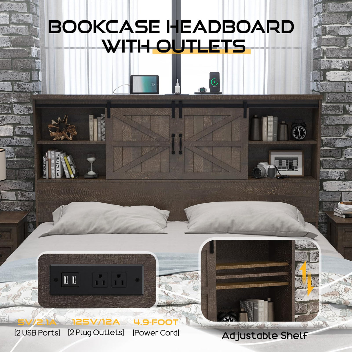 Rustic HOWE Full Size Wood Platform Bed with Bookcase Headboard and Storage Drawers HOWE