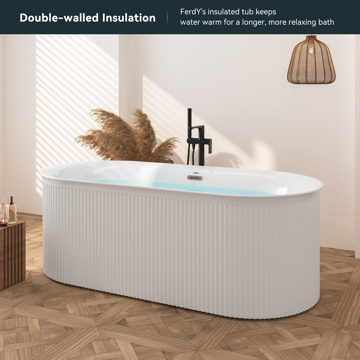 FerdY Nami 67" Acrylic Freestanding Bathtub, V Shape Freestanding Soaking Acrylic Bathtub, Modern White, cUPC Certified, Chrome Drain and Classic FerdY
