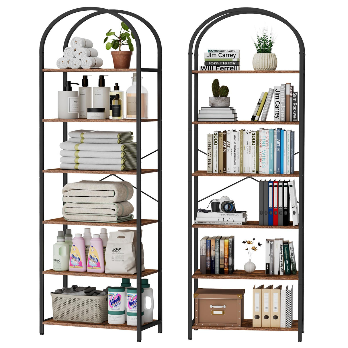 Homhedy 6-Tier Bookshelf Arched Display Racks, Wood and Metal Bookcase, Tall Bookshelf, Industrial Display Standing Shelf Unit, for Home Office, Living Room, Bedroom, Bathroom, Rustic Brown Homhedy