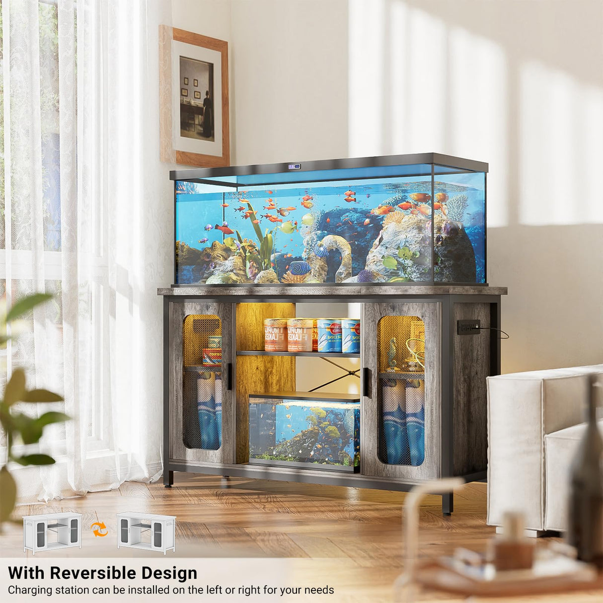 Unikito Reptile Tank Stand Fish Tank Stand with Power Outlets & LED Light, 55-75 Gallon Reversible Terrarium Stand with Cabinet, Metal Aquarium Stand for Reptile Terrarium, Turtle Tank, Black Oak Unikito