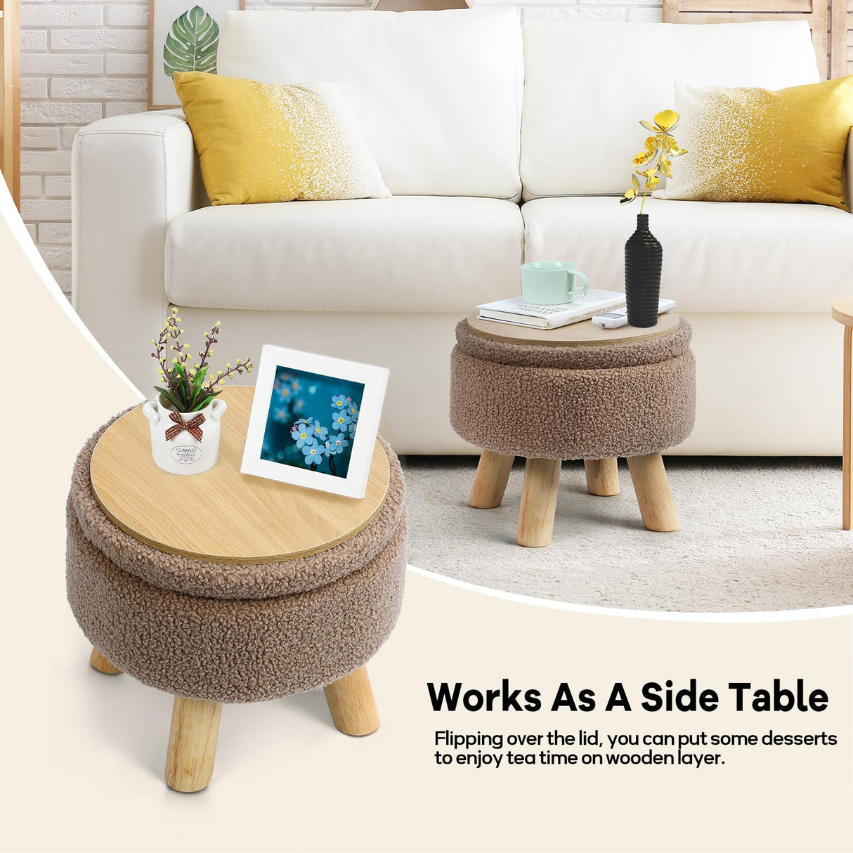 OGEMXU Storage Ottoman, Round Small Ottoman with Storage, Teddy Velvet Foot Stool with Wood Legs, Foot Rest for Chair, Soft Sponge Footstool for Living Room, Couch, Bedroom (Camel Brown) OGEMXU