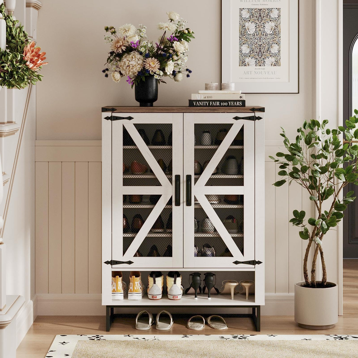 Maupvit Farmhouse Shoe Cabinet with Doors, 6-Tier Shoes Rack Shoe Storage Organizer with Adjustable Shelves & Metal Legs, Rustic Shoe Storage Cabinet for Entryway, Hallway, Closet, Living Room Maupvit