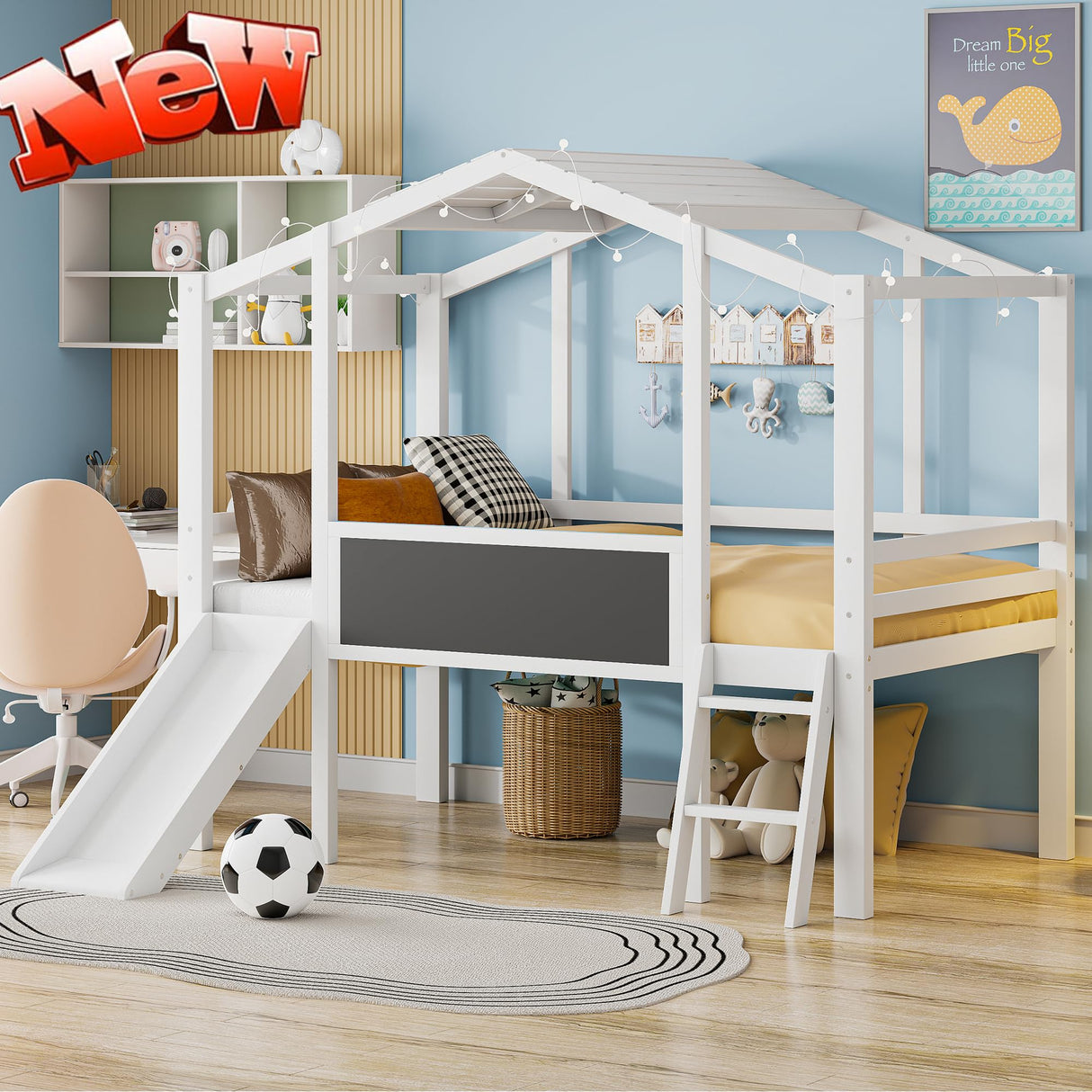 Harper & Bright Designs Kids House Loft Bed with Slide, Twin Size Low Loft Bed with LED Lights & Blackboard, Wood Playhouse Loft Bed with Ladder and Slats Support, for Kids Boys Girls, White Harper & Bright Designs