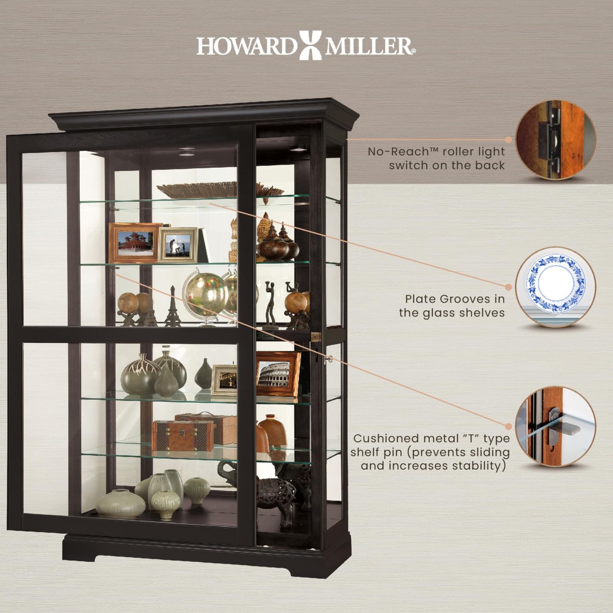 Howard Miller Kane II Curio Cabinet - Showcase Black Finish Adjustable Shelves & Levelers Illuminated Interior Lightning, Lockable Door Perfect for Living Room Office and Room Decor Howard Miller