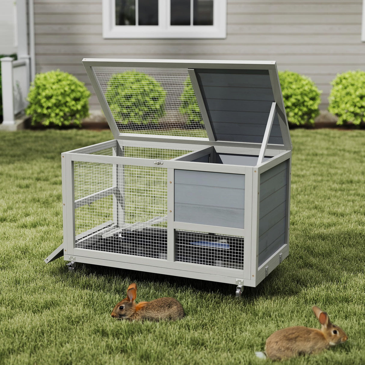Wooden 36Inches Rabbit Hutch Indoor with Wheels Bunny Cage Outdoor Durable Wide Space Rabbit Cage with Tray, Openable Roof, Anti-Slip Ramp for Small Bunny Rabbit (Grey) Nyeekoy