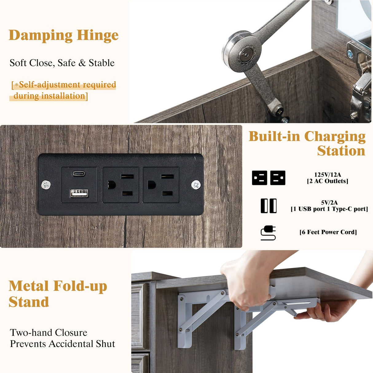 LUXOAK 3-in-1 Vanity Set with LED Lighted Flip Top Mirror, Makeup Table with Fold-Up Panel, Hidden Stool, Charging Station, Small Vanity for Bedroom & Dressing Room, Rustic Grey LUXOAK