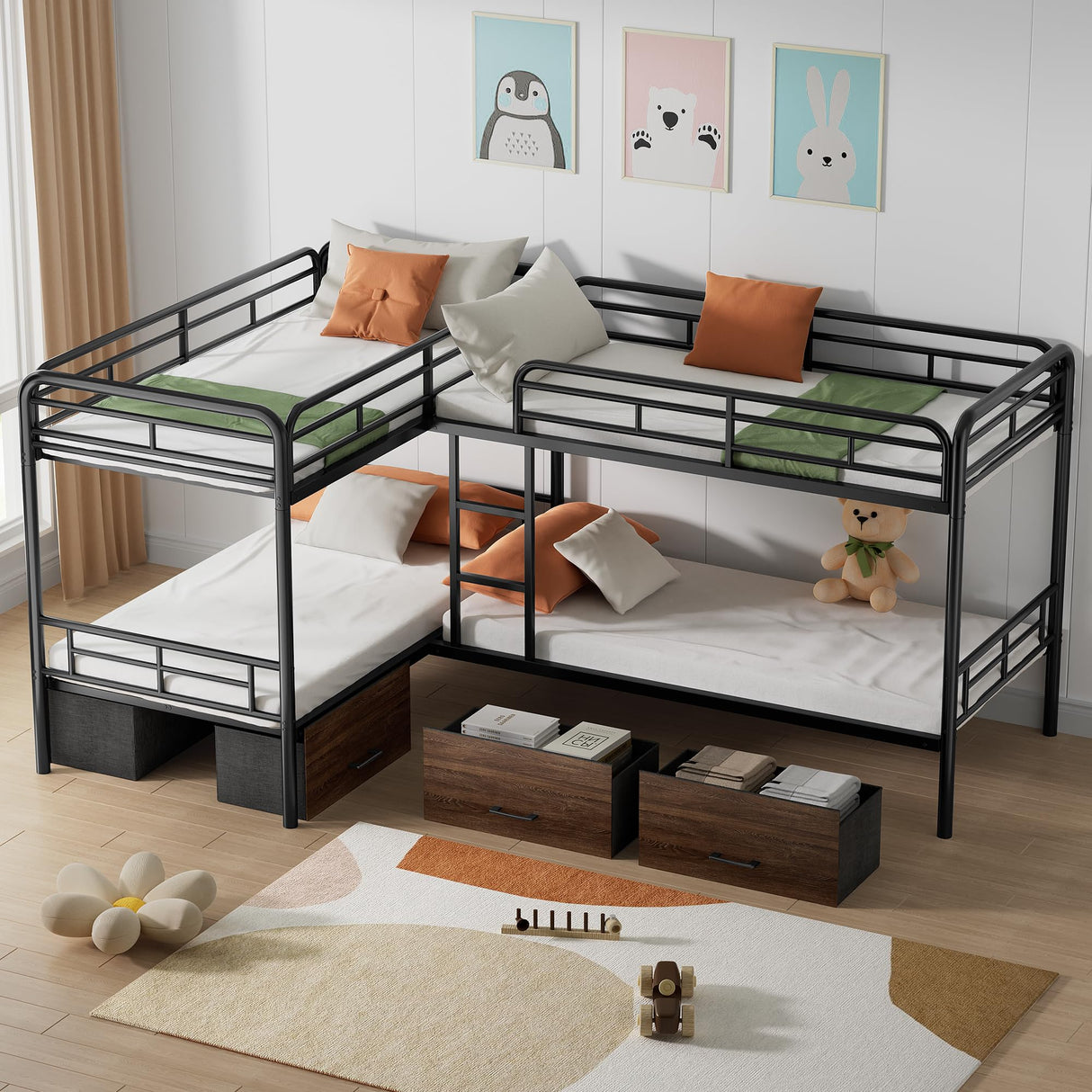 PVWIIK L-Shaped Quad Bunk Bed with Storage Drawers for 4 Kids,Quad Bunk Bed Frame with Built-in Ladder & Full-Length Guardrails,Easy to Assemble,Space Saving, Black PVWIIK