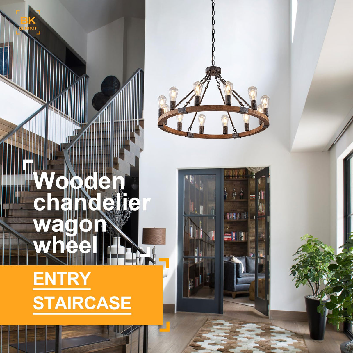 Benkut Farmhouse Wagon Wheel Chandelier 31" Black Rustic Light Fixtures 12-Light Wood Round Chandelier for Dining Room Living Room Entryway Foyer Benkut