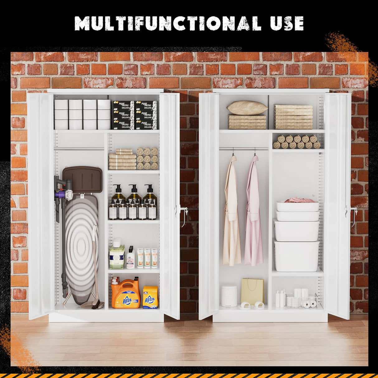 Greenvelly Metal Storage Cabinet with 2 Doors, White 72” Steel Storage Wardrobe Cabinet, Employees Locker Closet Clothing Coat Steel Wardrobe Cabinet with Hanging Rod for Garage, Gym, Home Office Greenvelly