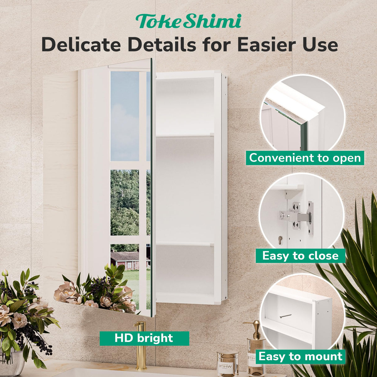 TokeShimi 20x26 Medicine Cabinet Mirror with Storage Tempered, Aluminum Surface Mount or Recessed Medicine Cabinet White with Adjustable Shelves for Bathroom Vanity Modern Farmhouse TokeShimi