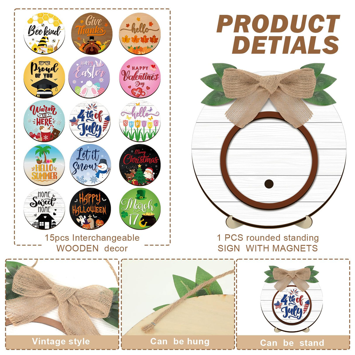 Geetery 17 Pieces Christmas Interchangeable Season Sign DIY Holiday Icons Decor with Wooden Easel Round Home Decorative with 15 Seasonal Icons Holiday Sign Set for Tabletop Fireplace Porch Decoration Geetery