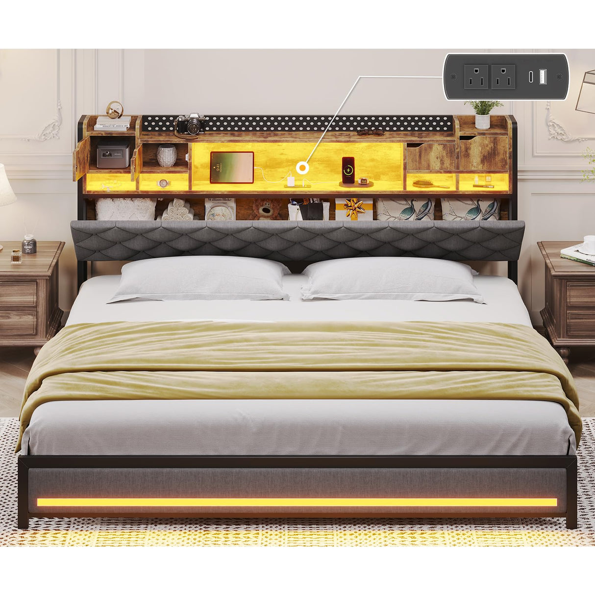 busyaeh King Size Bed Frame with Upholstered Storage Headboard, King Bed Frame with Smart LED Lights, Camas King Bed with Charging Station,Noise-Free, Metal Support, No Box Spring Needed, Gray busyaeh