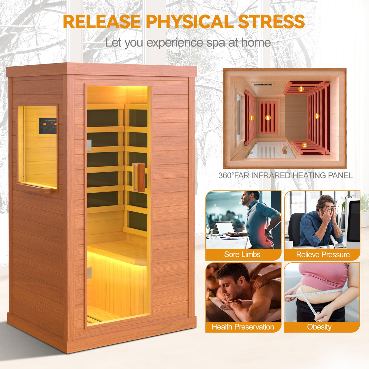 HUGROVE Far Infrared Wooden Sauna, Indoor Sauna with Bluetooth Speakers & 5 Heating Panel, 900W Aucoumea klaineana Dry Sauna for Home, Intelligent Control Panel and Tempered Glass Door HUGROVE