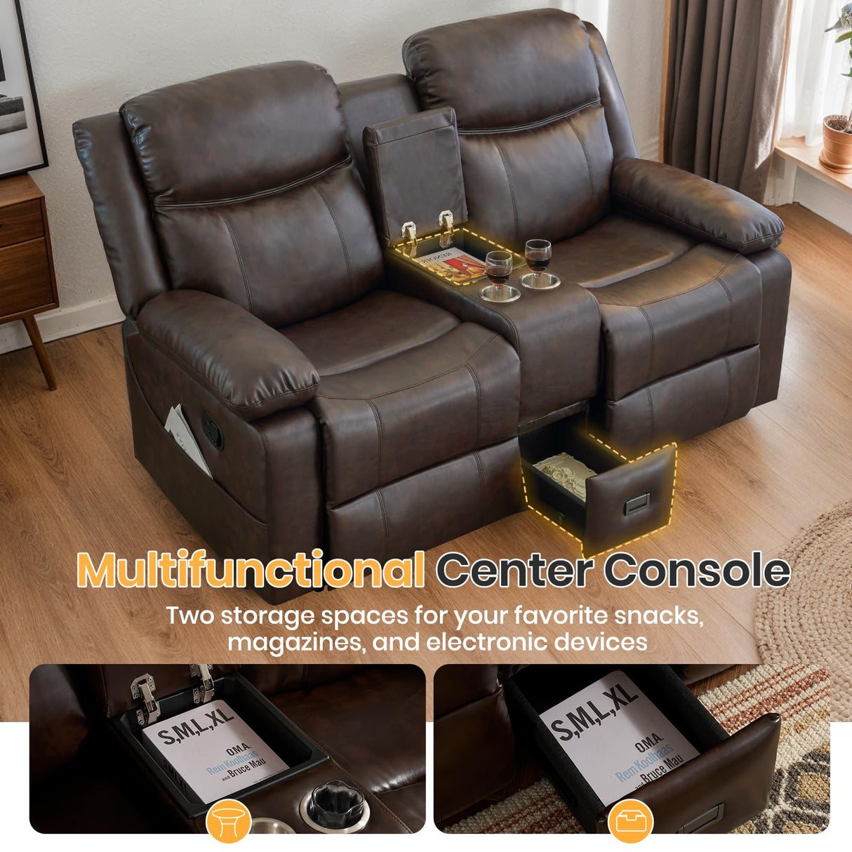 RIHEREFY Loveseat Recliner Sofa with Massage & Heating, Reclining Loveseat with Console, RV Wall Hugger Double Loveseat Recliner Couch for Living Room & Home Theater (Brown) RIHEREFY