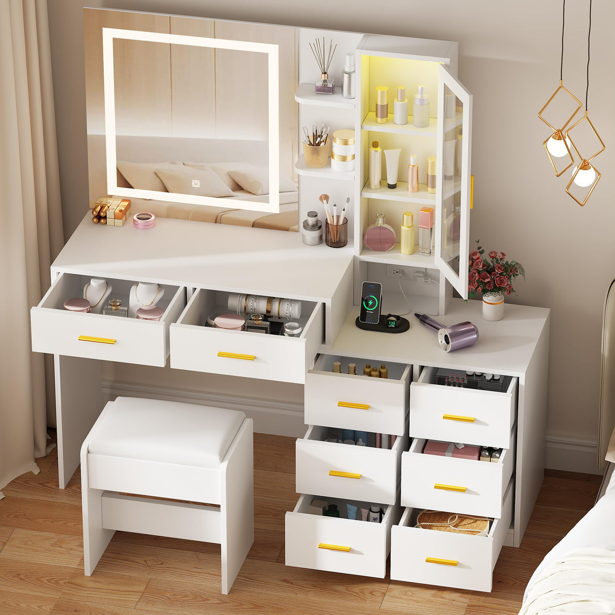 ANWBROAD 51.8" Makeup Vanity Desk with Mirror and Lights White Vanity Table with RGB Cabinets 8 Drawers Power Outlet Large Dresser Dressing Table with Storage Shelves Stool for Bedroom Girls UBDT77W ANWBROAD