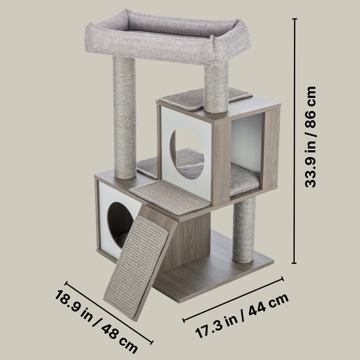 TRIXIE Mali 34-in Cat Tree, Modern Wood Cat Tower, Sisal Scratching Posts & Pads, 2 Condos, Sisal Ramp, Cozy Bed TRIXIE