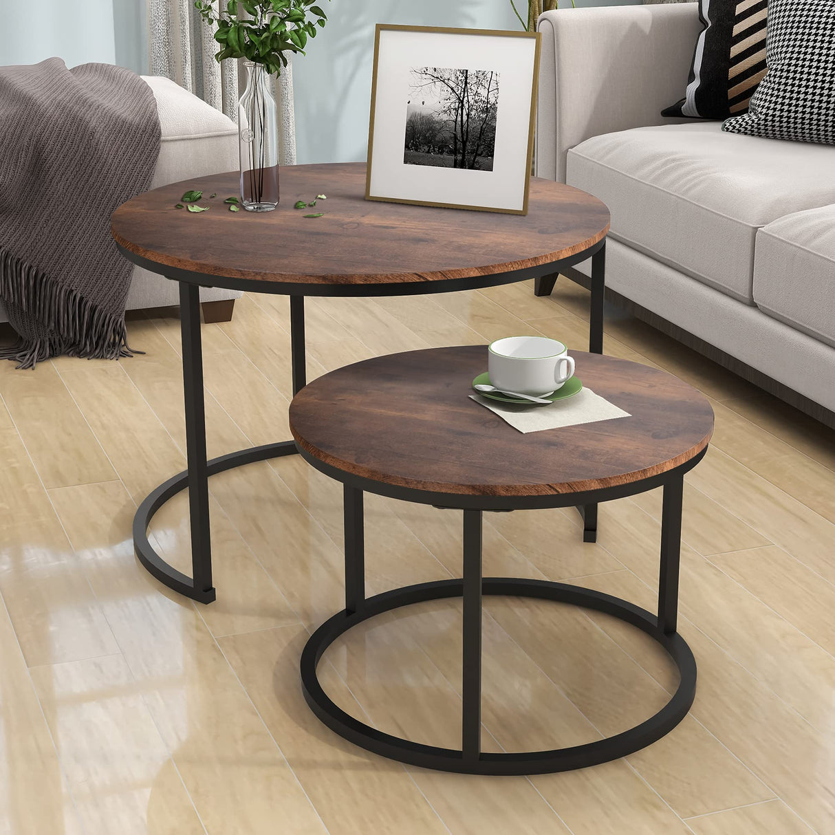 HOJINLINERO Industrial Round Coffee Table Set of 2 End Table for Living Room,Stacking Side Tables, Sturdy and Easy Assembly,Wood Look Accent Furniture with Metal Frame,Black+Rustic Brown HOJINLINERO