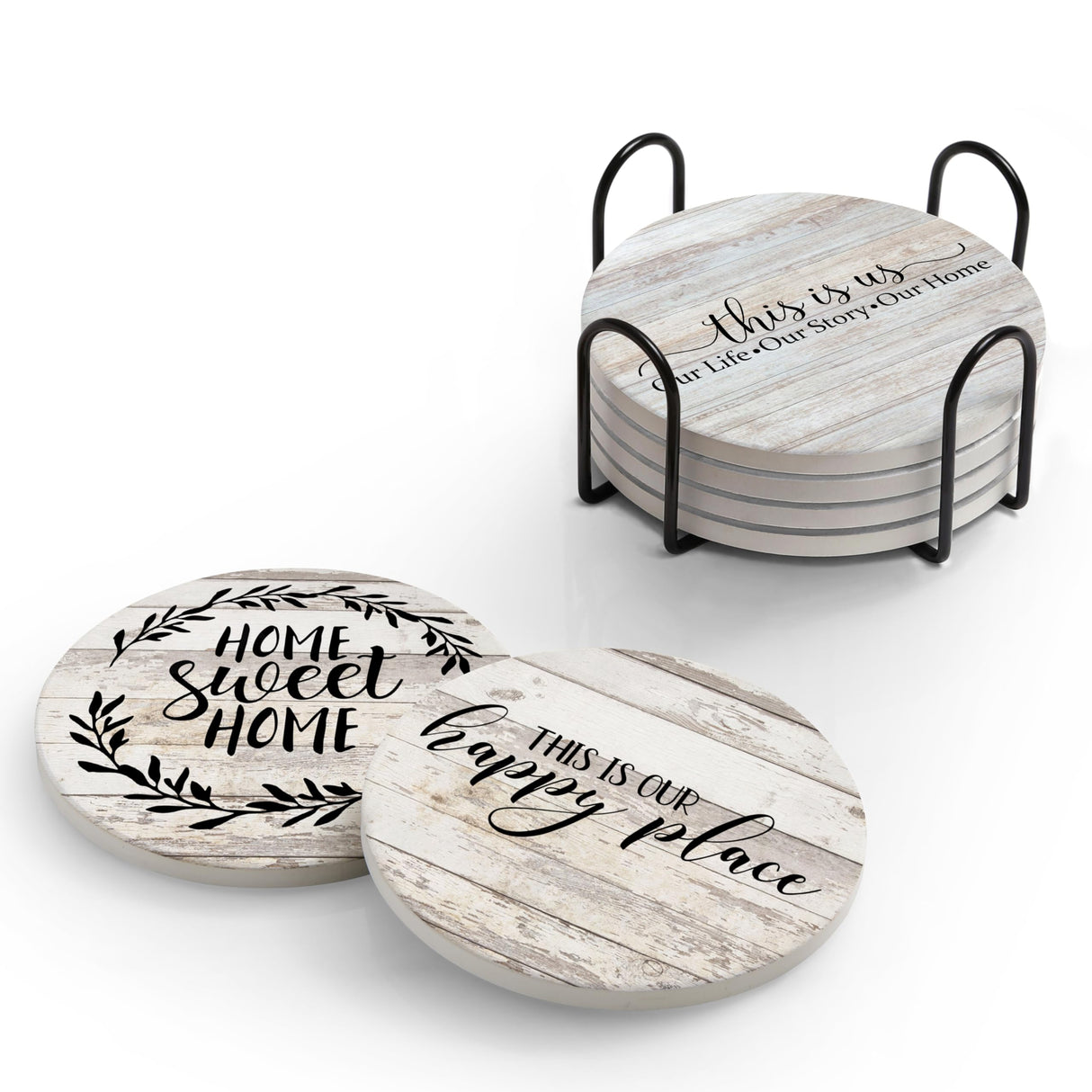 Hoomey Coasters for Drinks, Set of 6 Absorbent Drink Coasters with Holder, Farmhouse Style Ceramic Drink Coasters with Cork Backing for Table Protection, Housewarming Gifts for New Home Hoomey