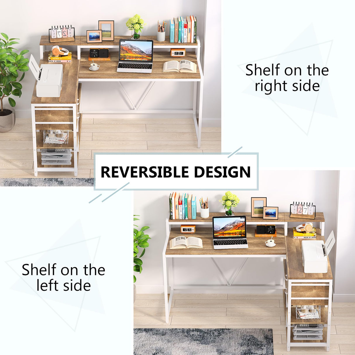 Tribesigns 55-Inch Reversible L-Shaped Desk with Drawers and Storage Shelves in Oak Tribesigns