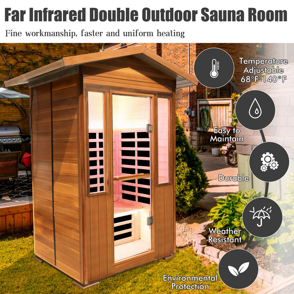 OUTEXER Outdoor Sauna 2 Person Sauna Infrared Saunas Dry Sauna Room Red Cedar and Canadian Hemlock Wood Wooden Sauna Spa 1800W APP Control 7 Color Light 48.8 * 37 * 87.4inch OUTEXER