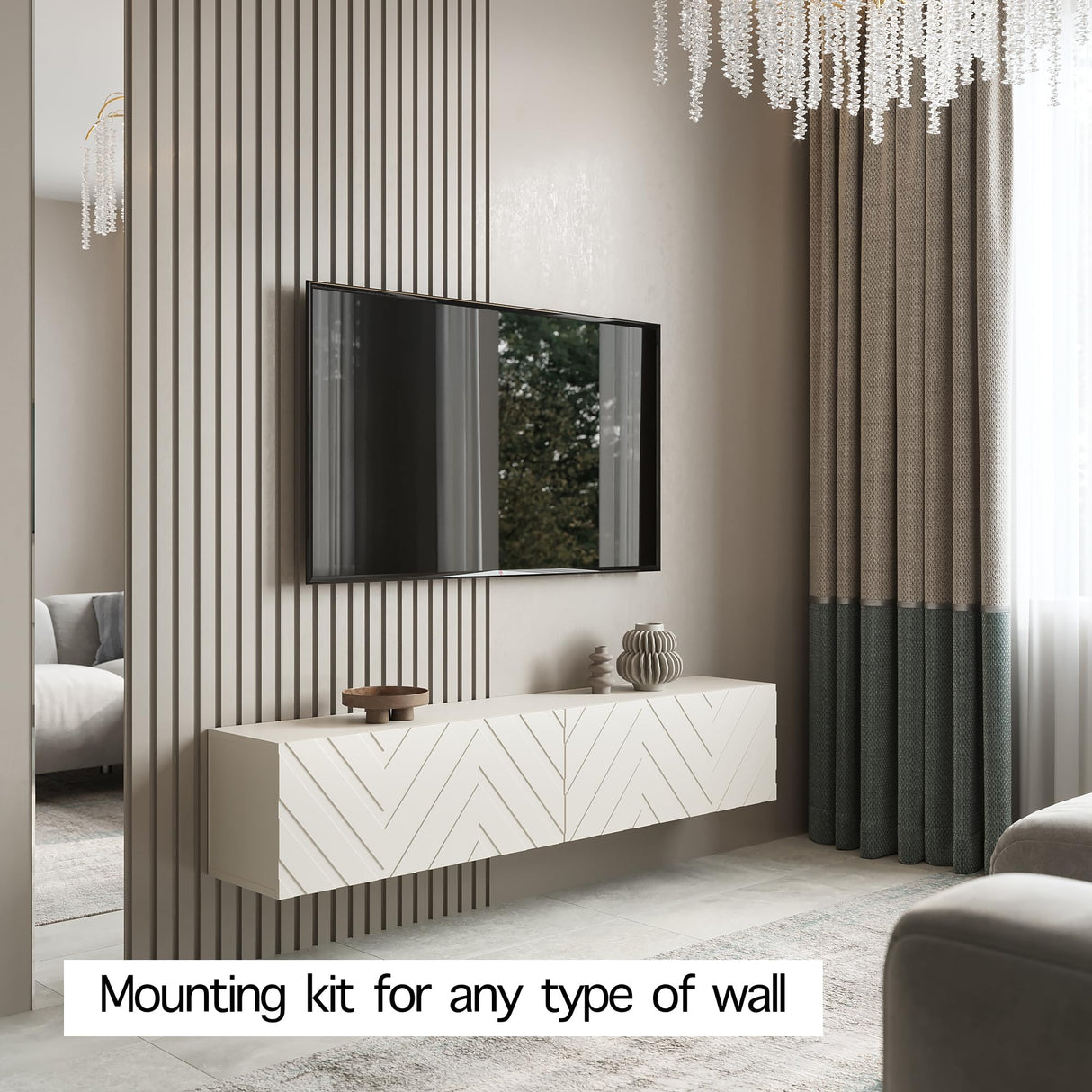 Living Skog Floating TV Stand Wall Mounted for Living Room and Bedroom, Media, Entertainment Center with Storage and Drawers Fits TV 50 55 60 65 70 inch Cabinet (Alessio Beige, 59 in) Living Skog