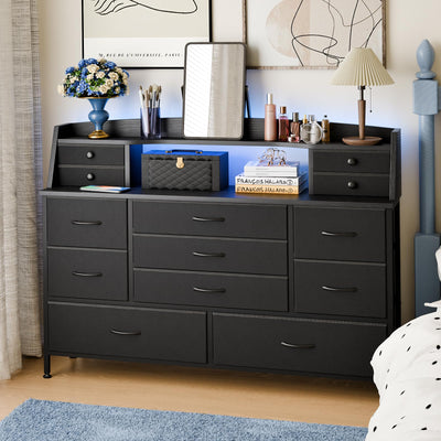 Fixwal Black Nursery Dresser for Bedroom with 13 Drawers, Fabric Chest of Drawers with PU Finish for Kids, Boys, Adults, Nursery, Living Room, Closet, Entryway, Hallway (No LED Lights)