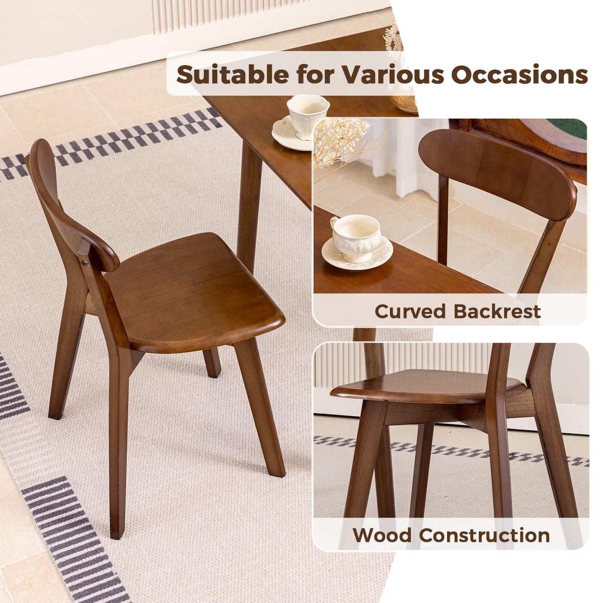 DELAVIN Soild Wood Dining Chairs Set of 6, Mid Century Oak Wood Kitchen Chairs, Vintage Dining Room Chairs Set Suitable for Kitchen, Stackable Dining Chairs, Walnut DELAVIN