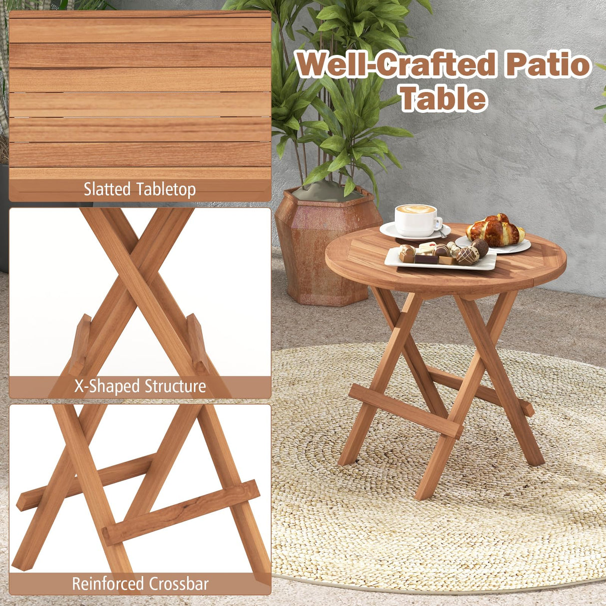 Tangkula Patio Folding Side Table, Teak Wood Round End Table with Slatted Tabletop, Sturdy X-Shaped Wood Frame, Portable & Lightweight Compact Table for Camping, Picnic, Backyard (1) Tangkula